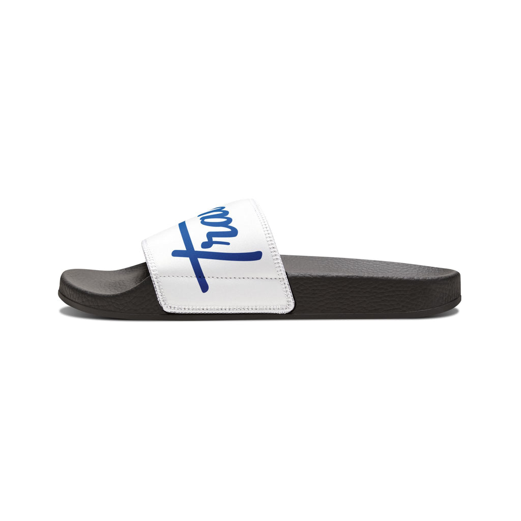 Youth Slide Sandals — Custom Removable Strap Slides (White, Script Logo)