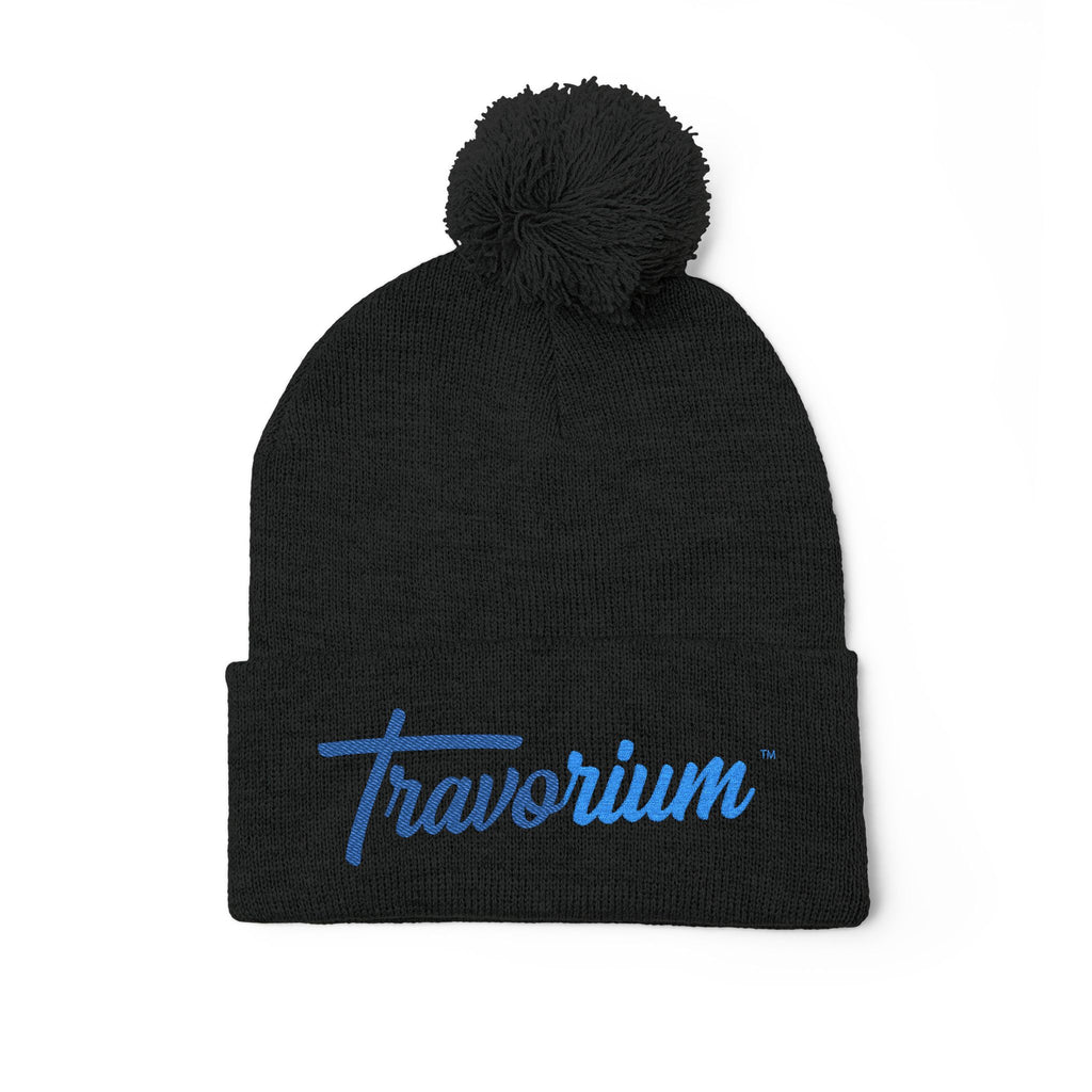 Pom-Pom Knit Cap — Embroidered 'Travorium' Winter Beanie