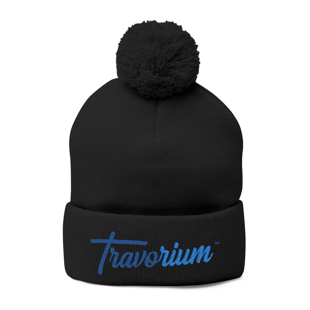Pom-Pom Knit Cap — Embroidered 'Travorium' Winter Beanie