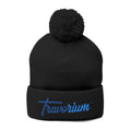 Pom-Pom Knit Cap — Embroidered 'Travorium' Winter Beanie