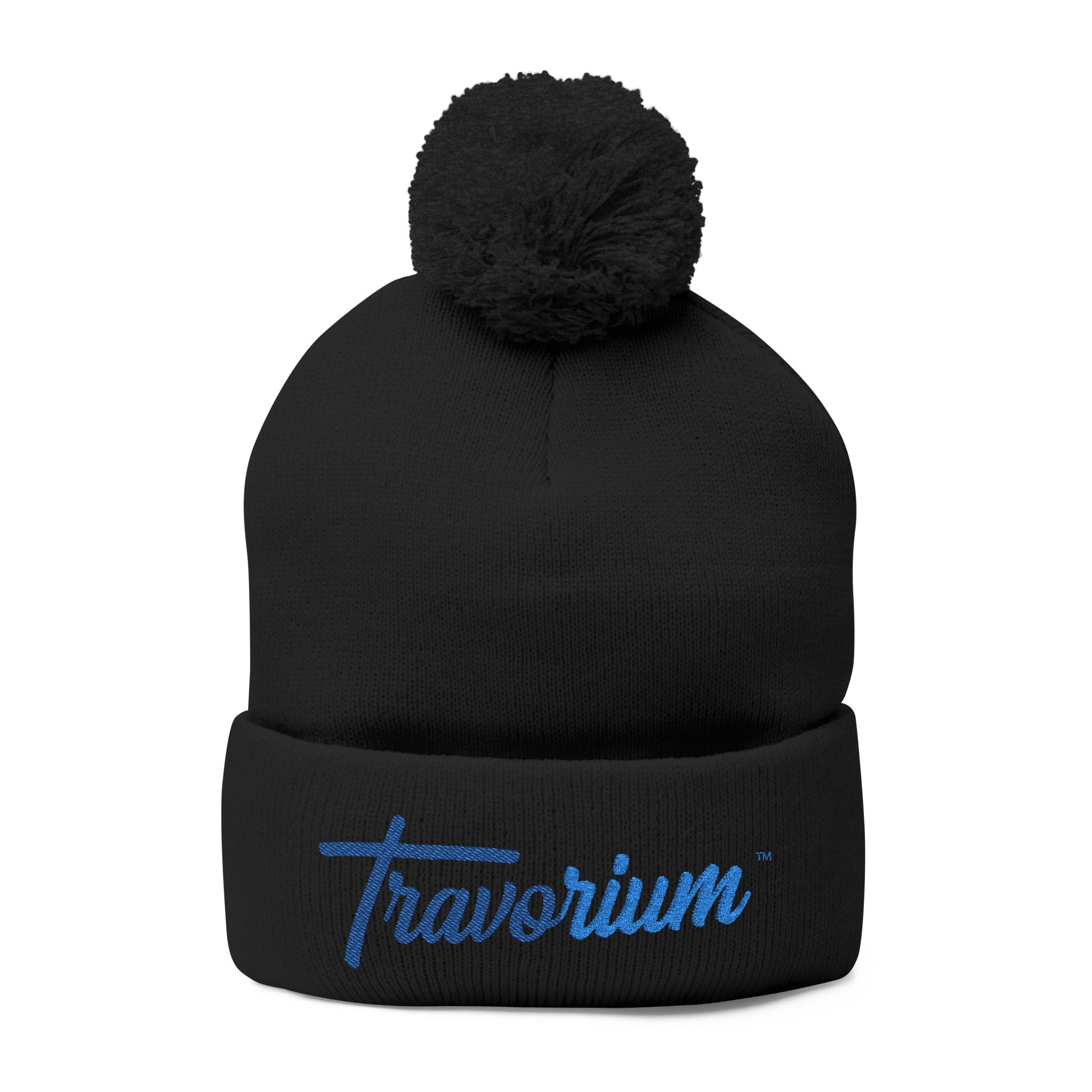 Pom-Pom Knit Cap — Embroidered 'Travorium' Winter Beanie