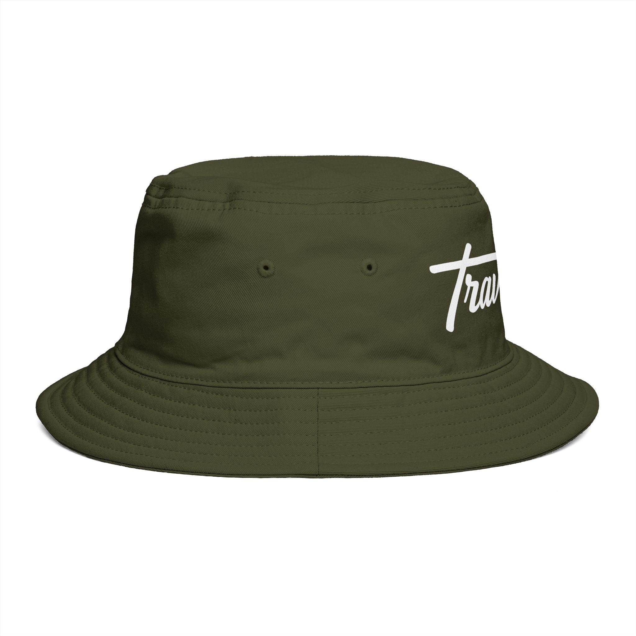 Travorium Script Brown Bucket Hat — Casual Travel & Streetwear Cap