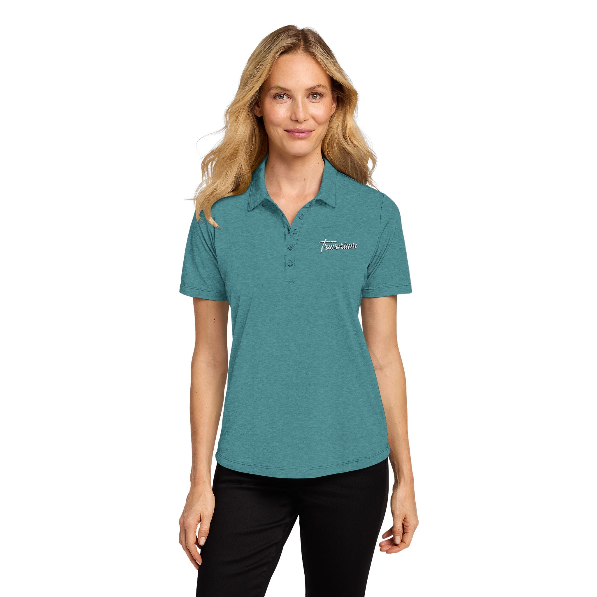 Ladies Floral Script Polo Shirt — Embroidered 'Tomorrow' Chest Logo
