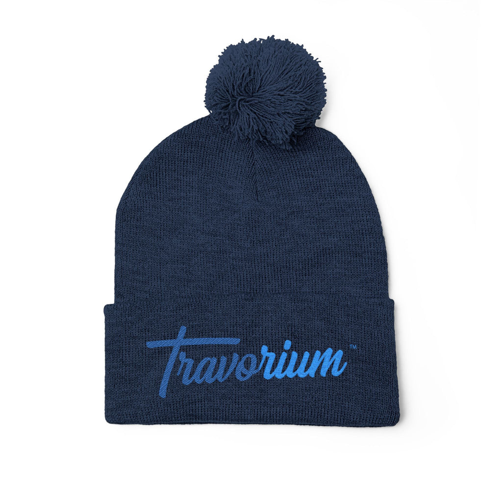 Pom-Pom Knit Cap — Embroidered 'Travorium' Winter Beanie