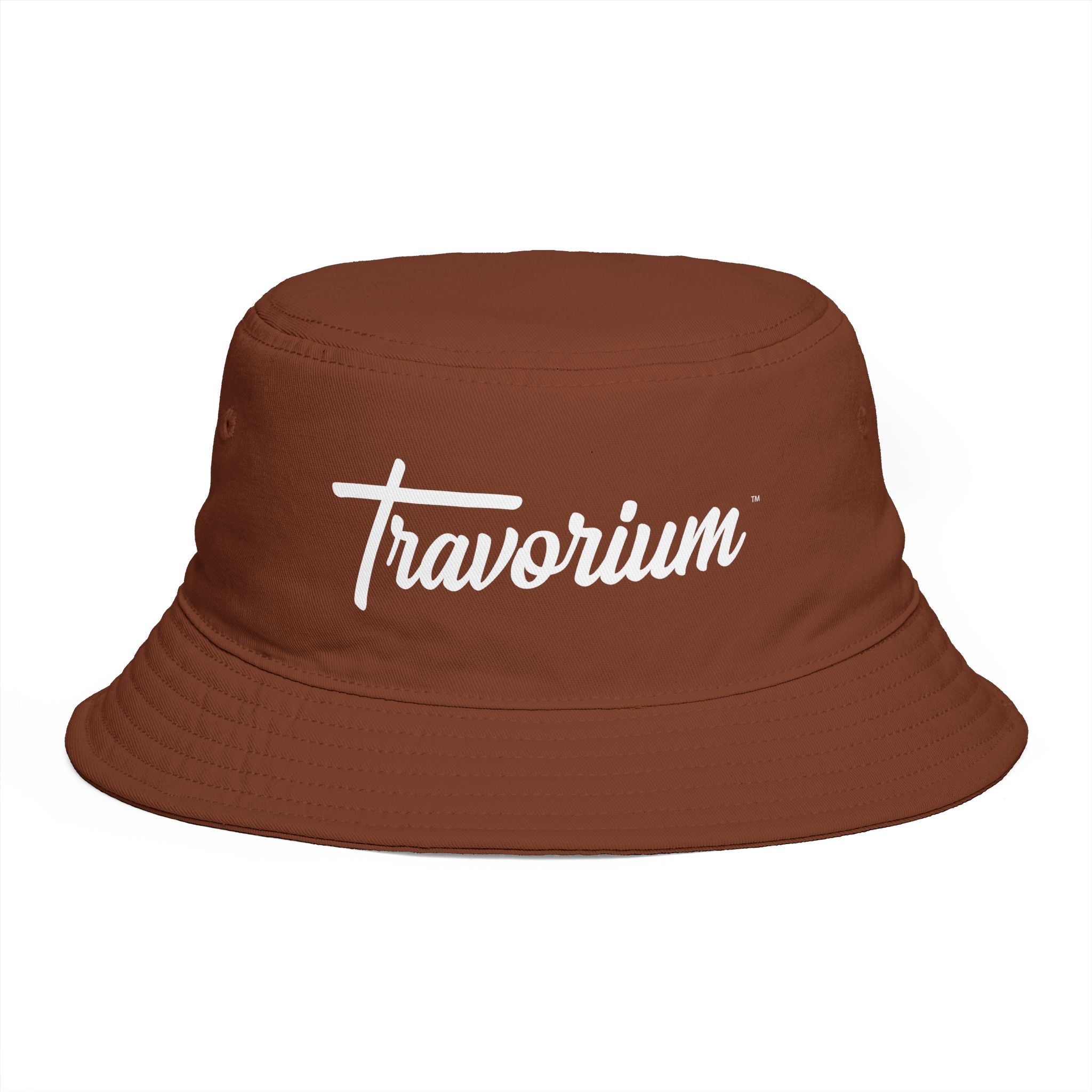 Travorium Script Brown Bucket Hat — Casual Travel & Streetwear Cap