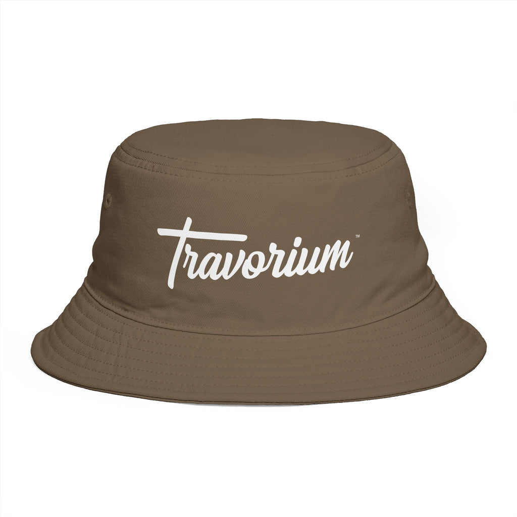 Travorium Script Brown Bucket Hat — Casual Travel & Streetwear Cap