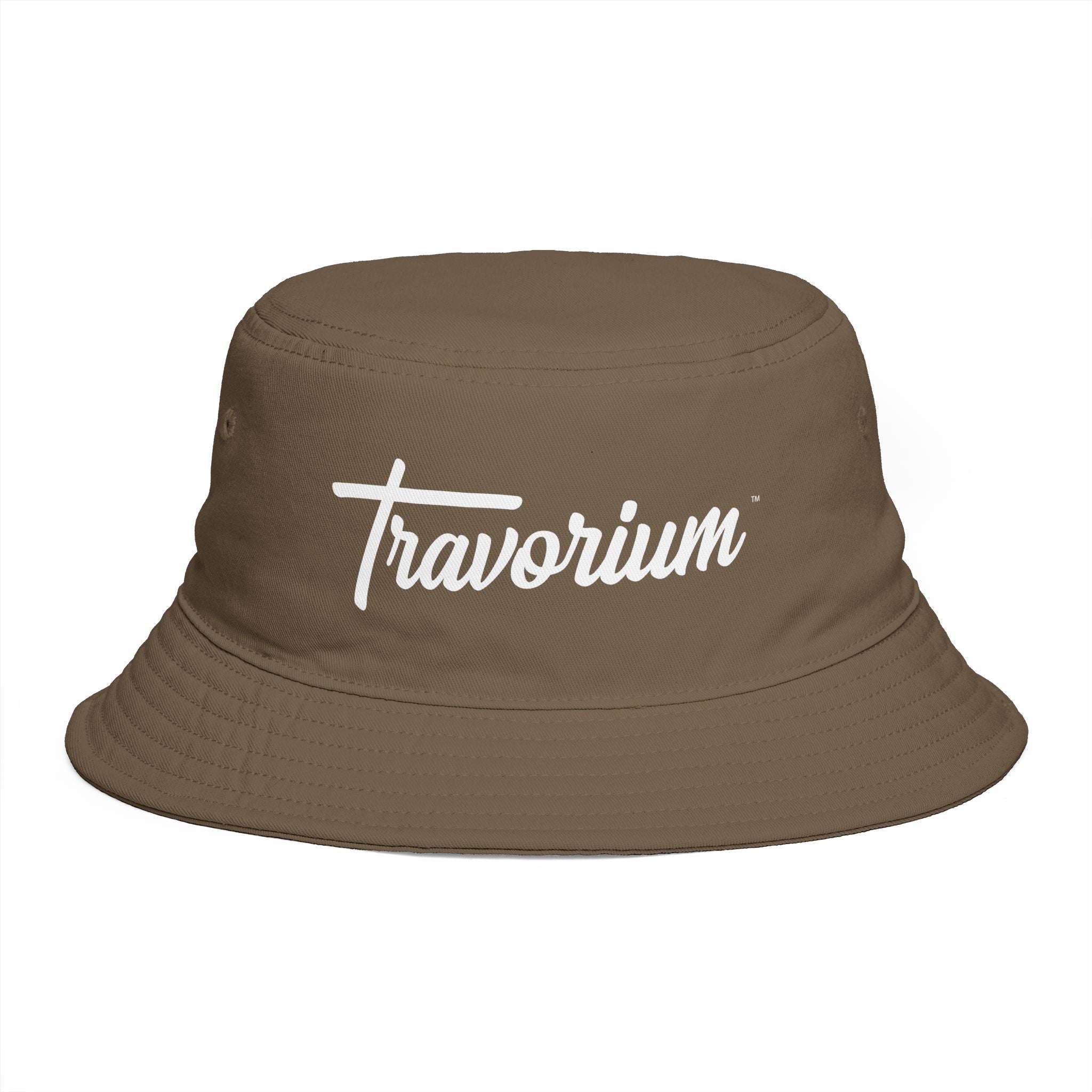 Travorium Script Brown Bucket Hat — Casual Travel & Streetwear Cap