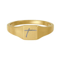 Gold Stainless Steel Square Signet Ring — Engraved Cross Initial