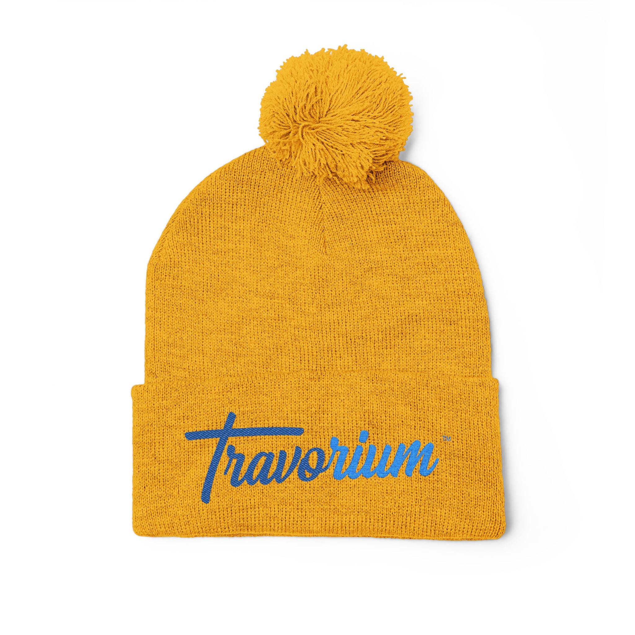 Pom-Pom Knit Cap — Embroidered 'Travorium' Winter Beanie