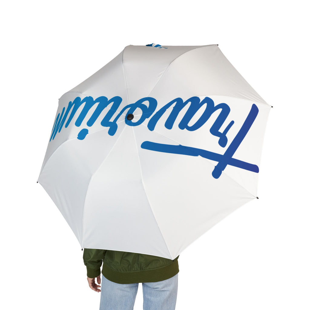 Collapsible Umbrella with Blue Script Logo — Semi-Automatic Foldable Rain Umbrella