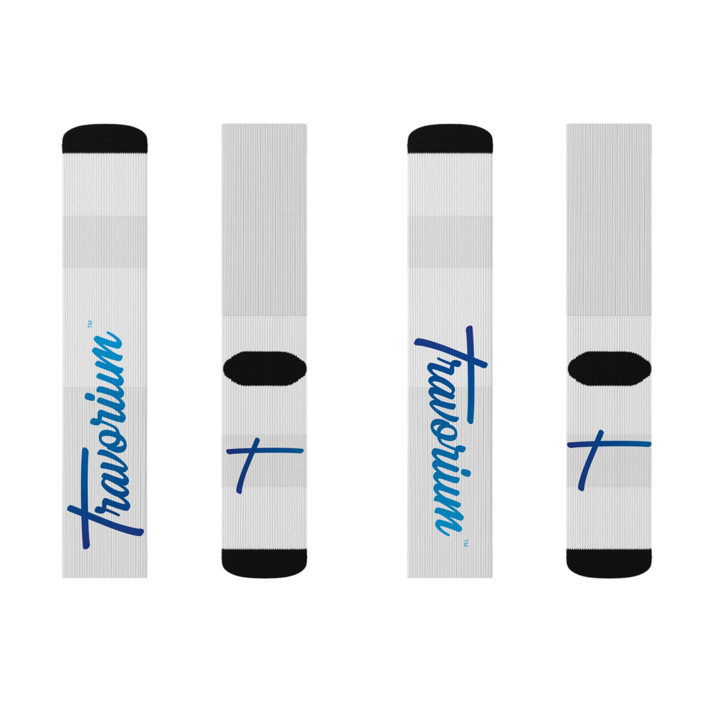 Blue Script Logo Sublimation Socks — Custom Athletic Crew Socks