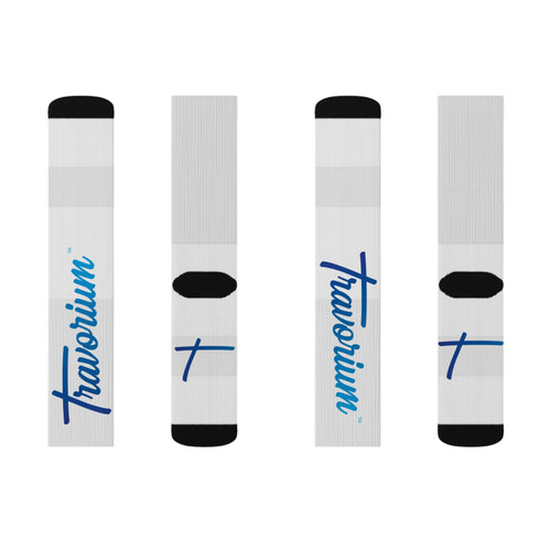 Blue Script Logo Sublimation Socks — Custom Athletic Crew Socks