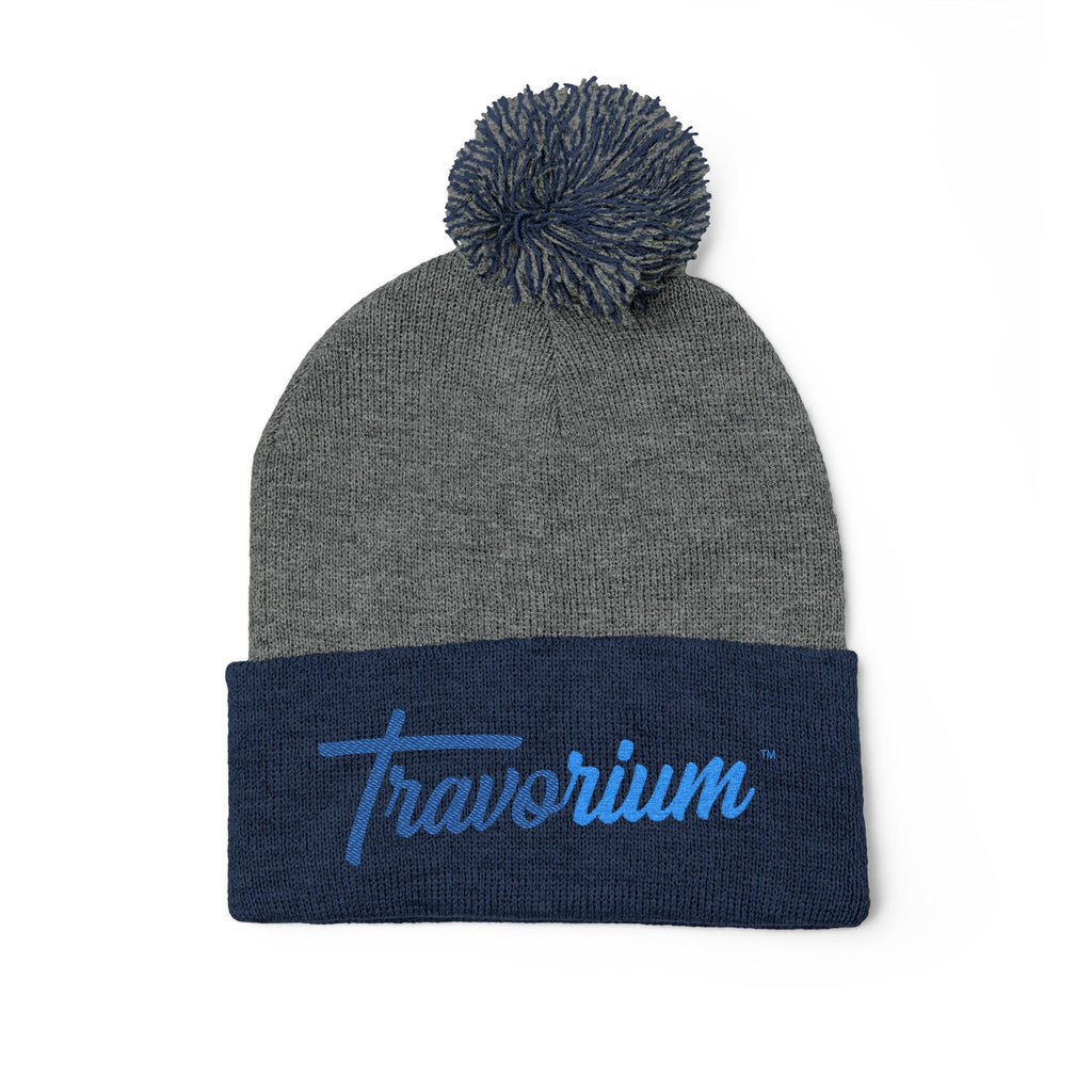 Pom-Pom Knit Cap — Embroidered 'Travorium' Winter Beanie