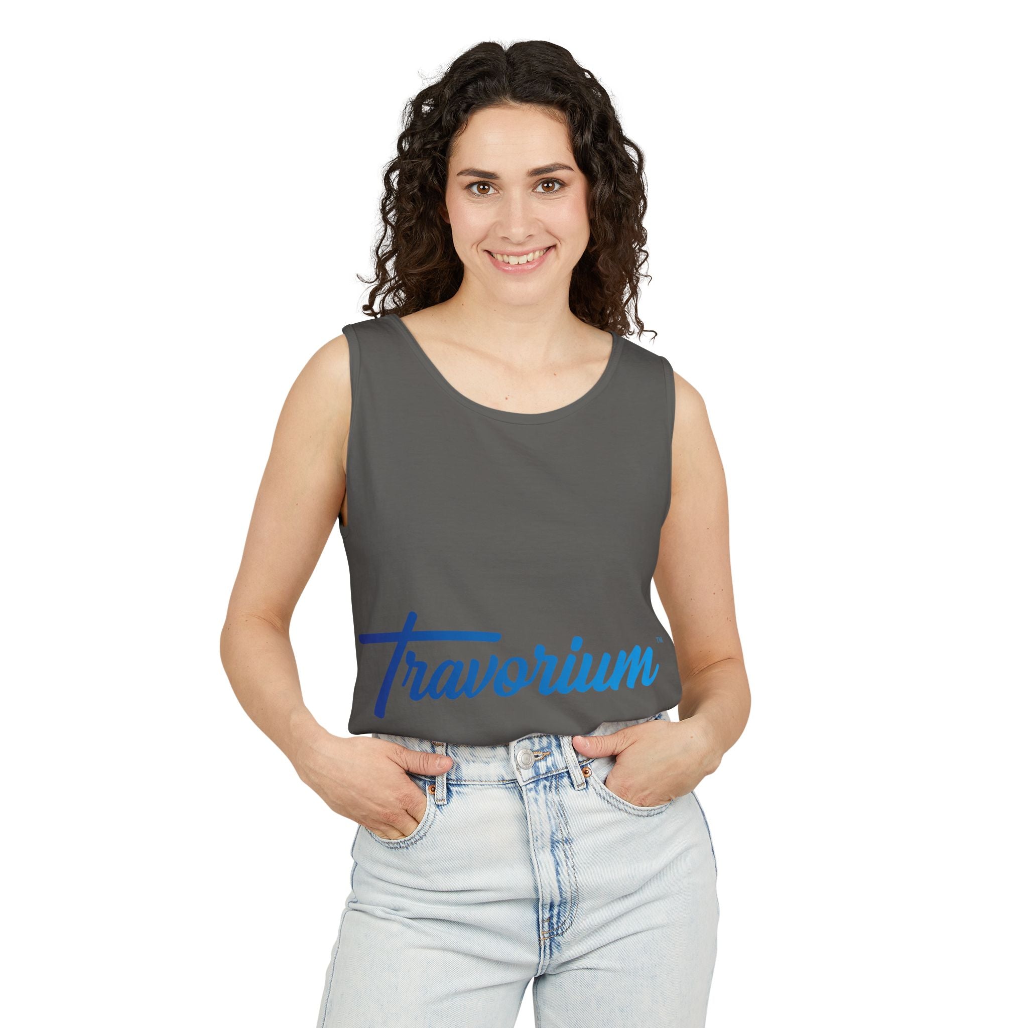 Travorium Script Logo Tank Top — Travel Lifestyle Graphic Tank
