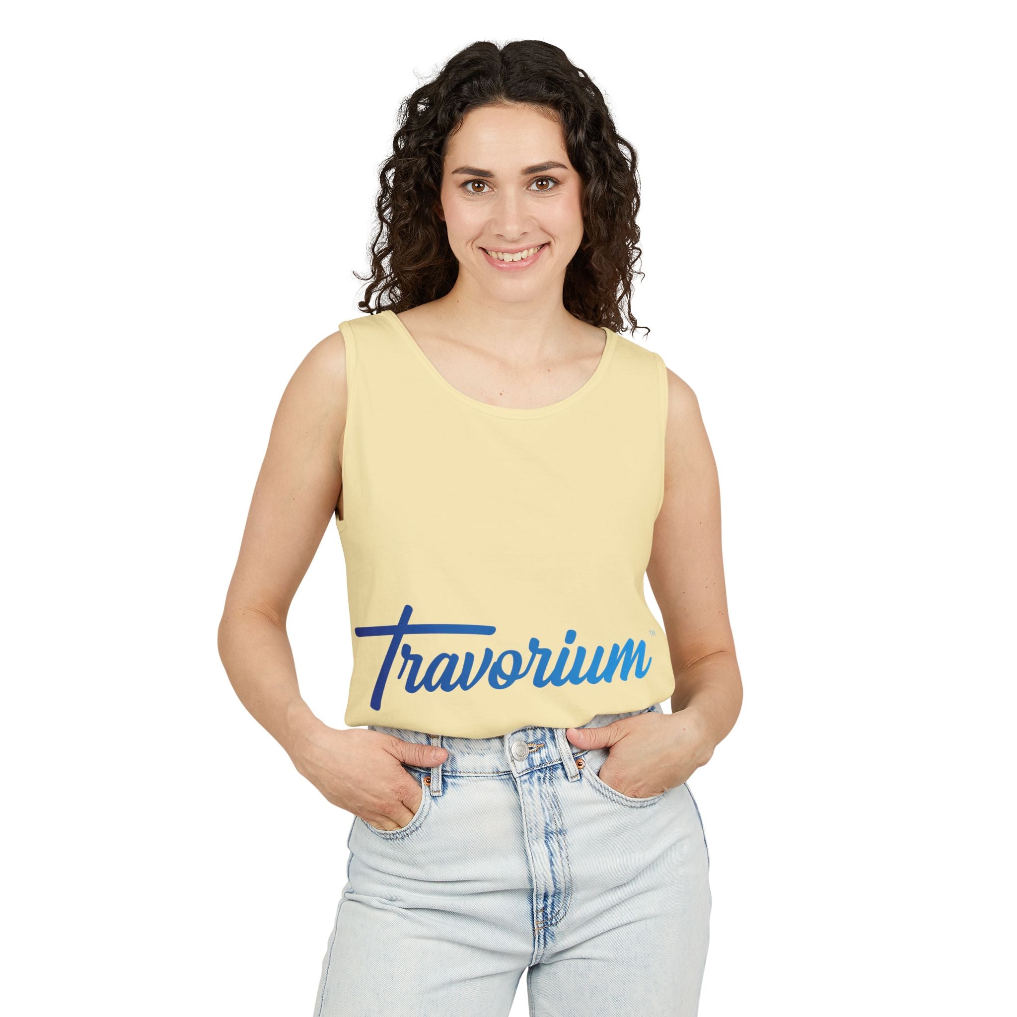 Travorium Script Logo Tank Top — Travel Lifestyle Graphic Tank