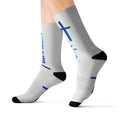 Blue Script Logo Sublimation Socks — Custom Athletic Crew Socks