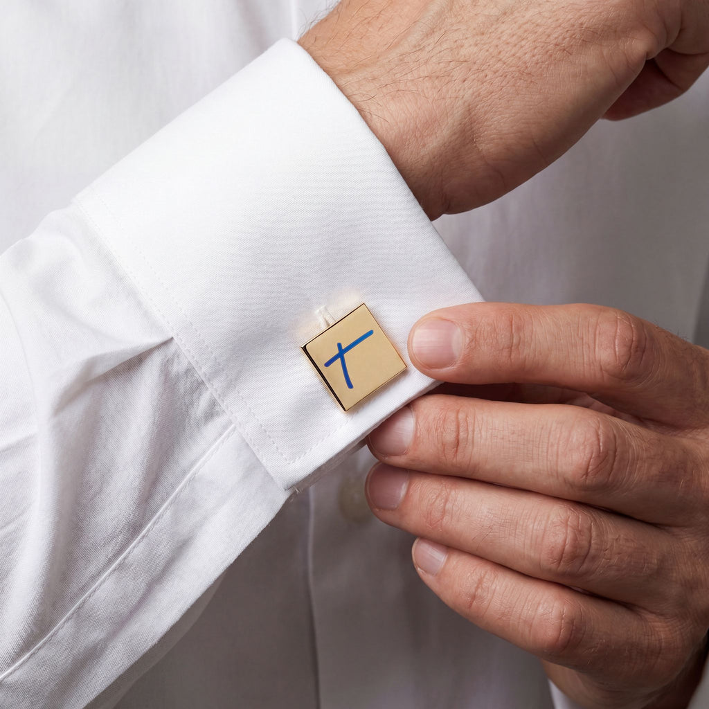Gold Square Cufflinks with Blue Cross Accent — Religious Dress Accessory
