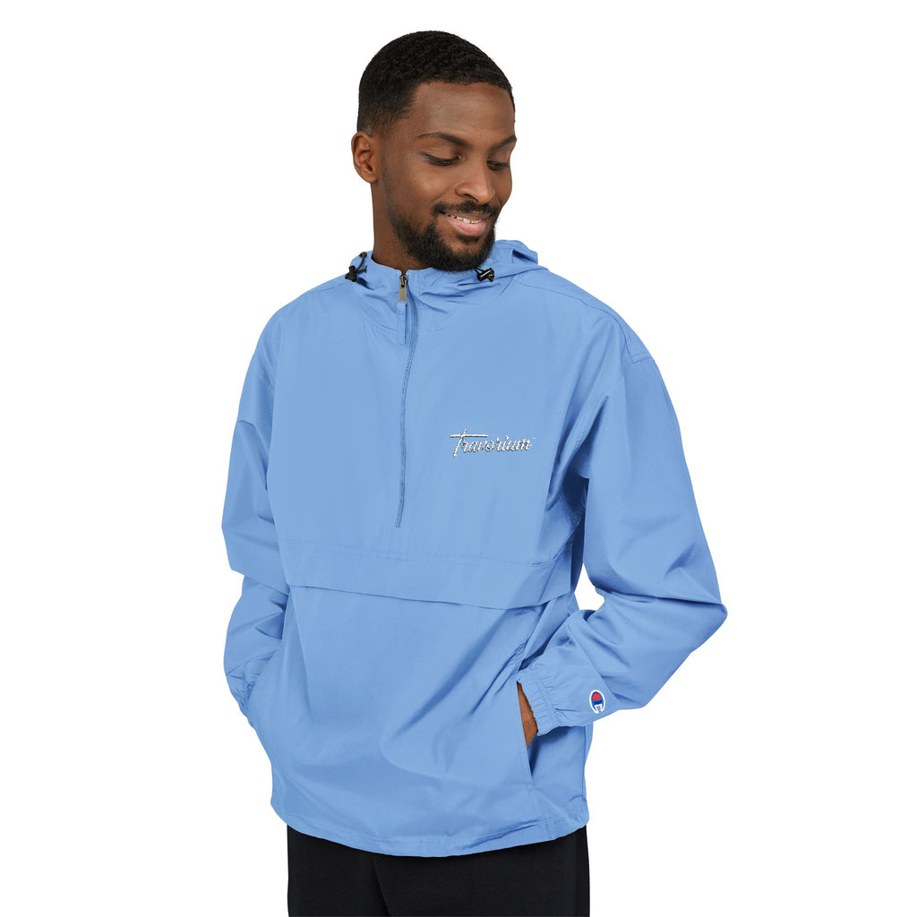 Light Blue Packable Anorak Jacket — Champion Logo Windbreaker