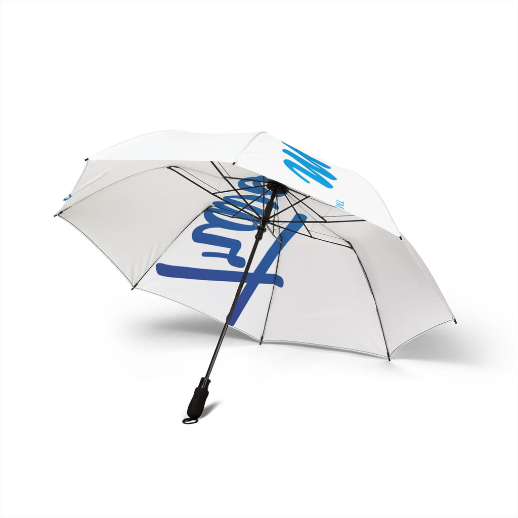 Collapsible Umbrella with Blue Script Logo — Semi-Automatic Foldable Rain Umbrella
