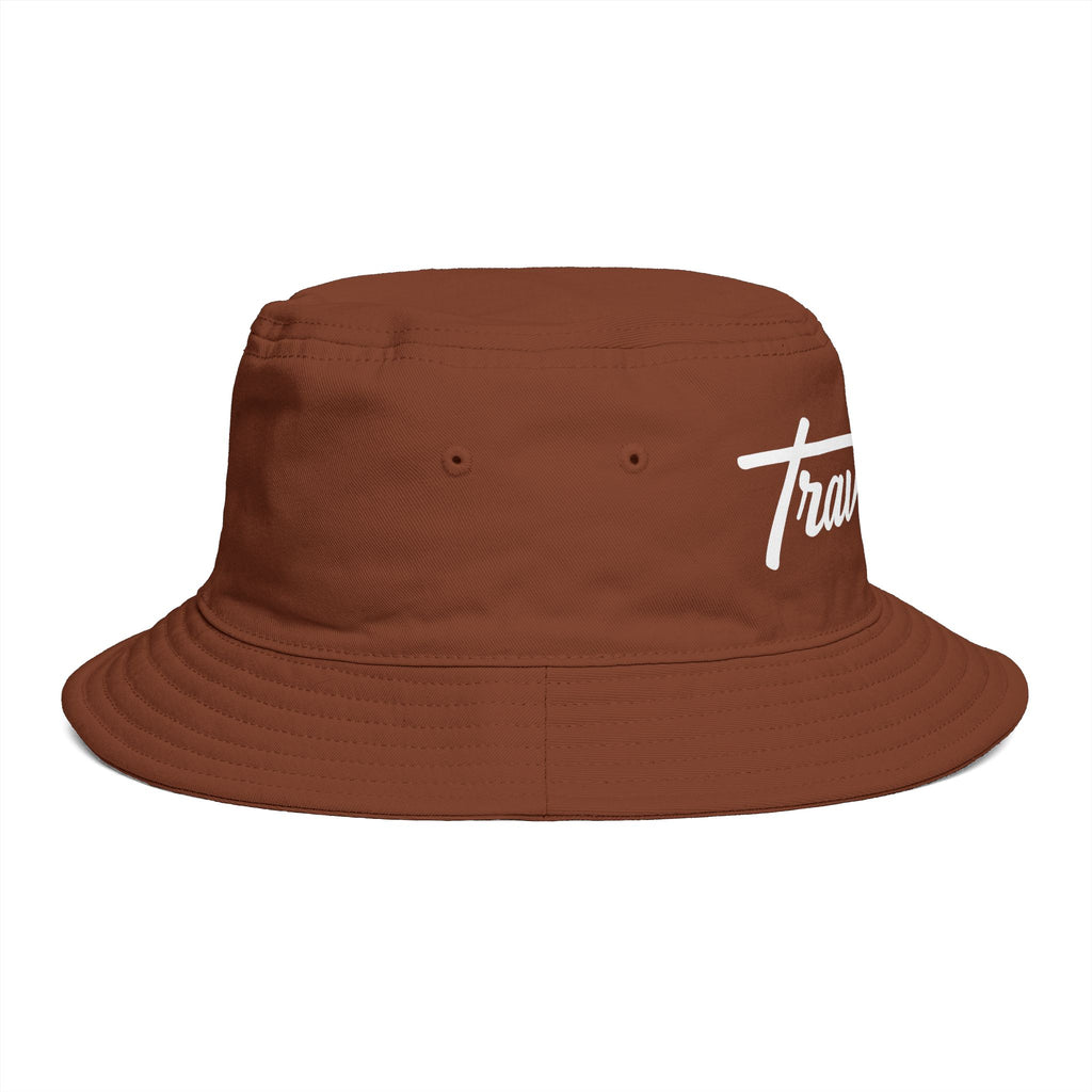 Travorium Script Brown Bucket Hat — Casual Travel & Streetwear Cap