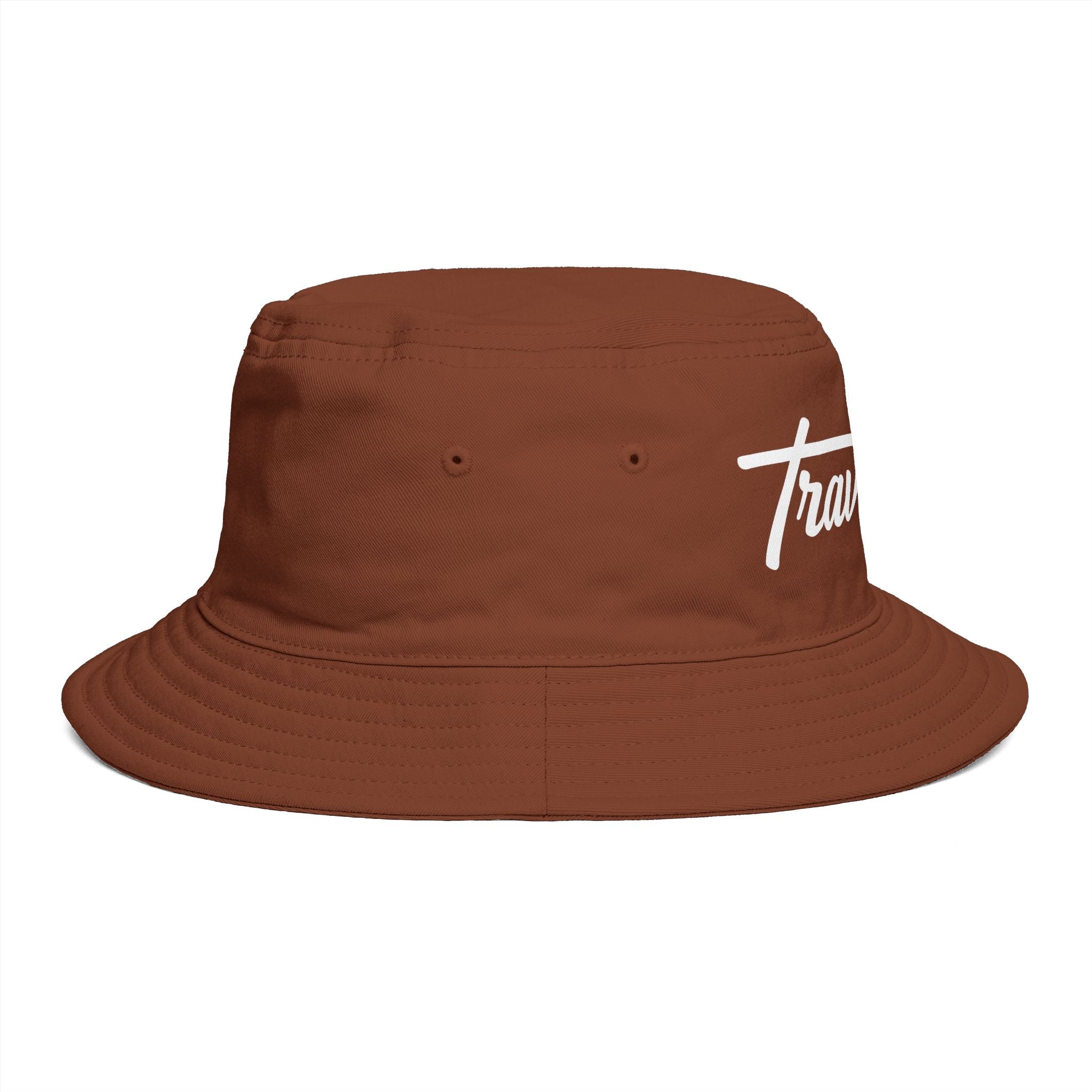 Travorium Script Brown Bucket Hat — Casual Travel & Streetwear Cap