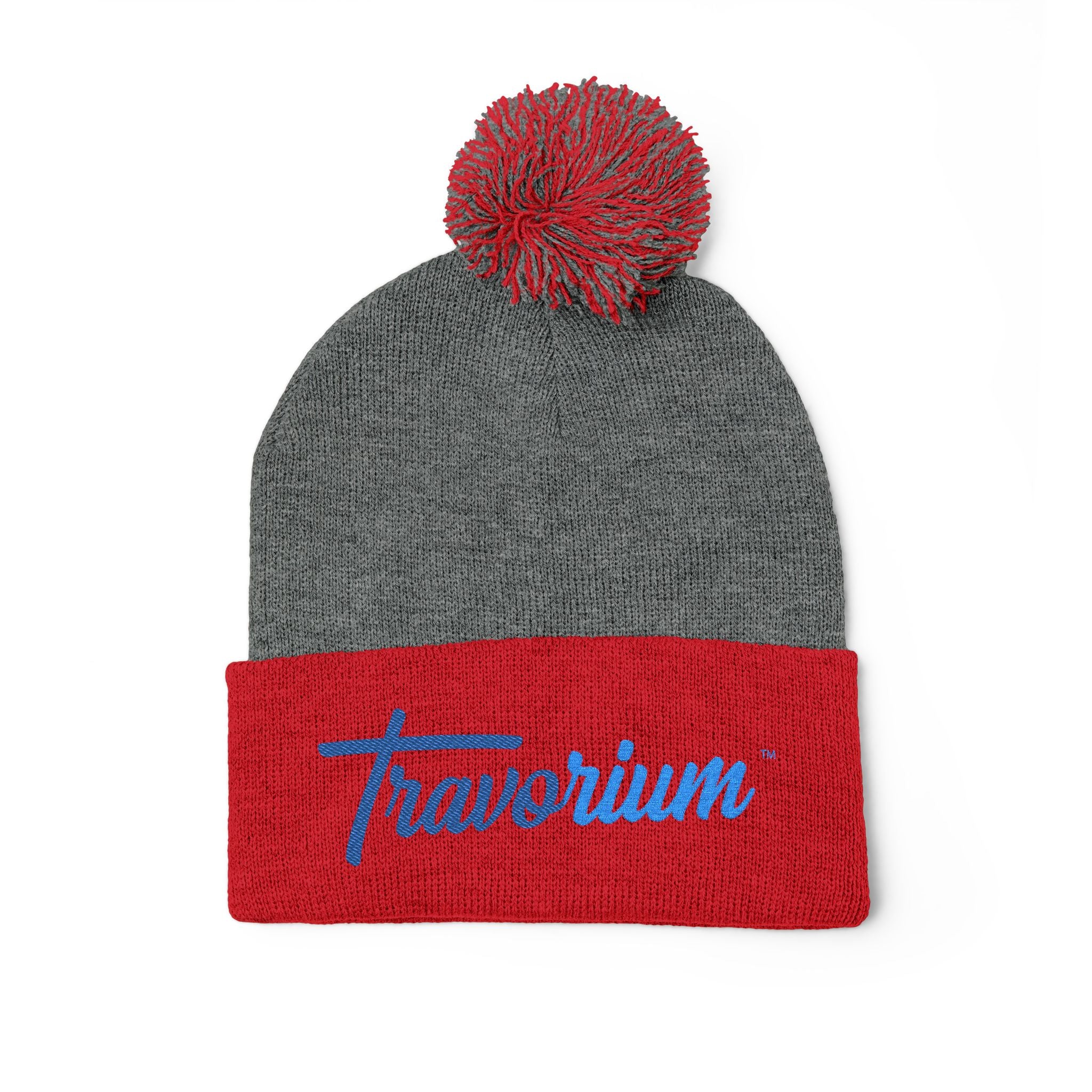 Pom-Pom Knit Cap — Embroidered 'Travorium' Winter Beanie