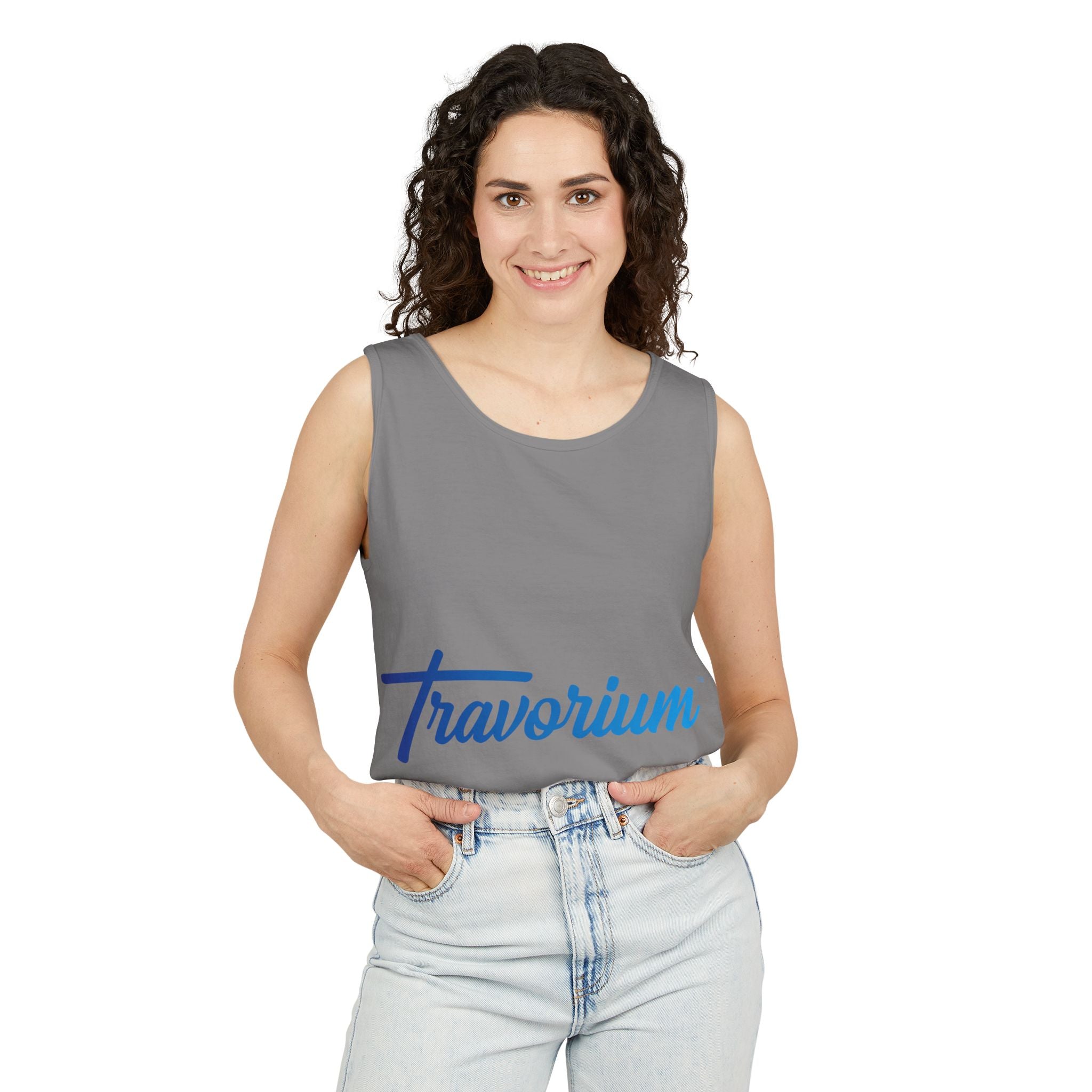 Travorium Script Logo Tank Top — Travel Lifestyle Graphic Tank