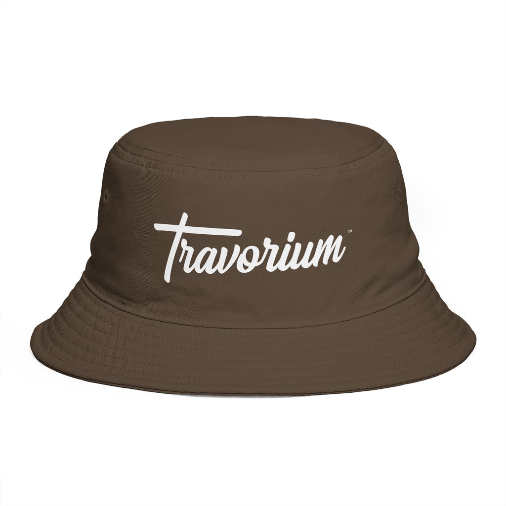 Travorium Script Brown Bucket Hat — Casual Travel & Streetwear Cap