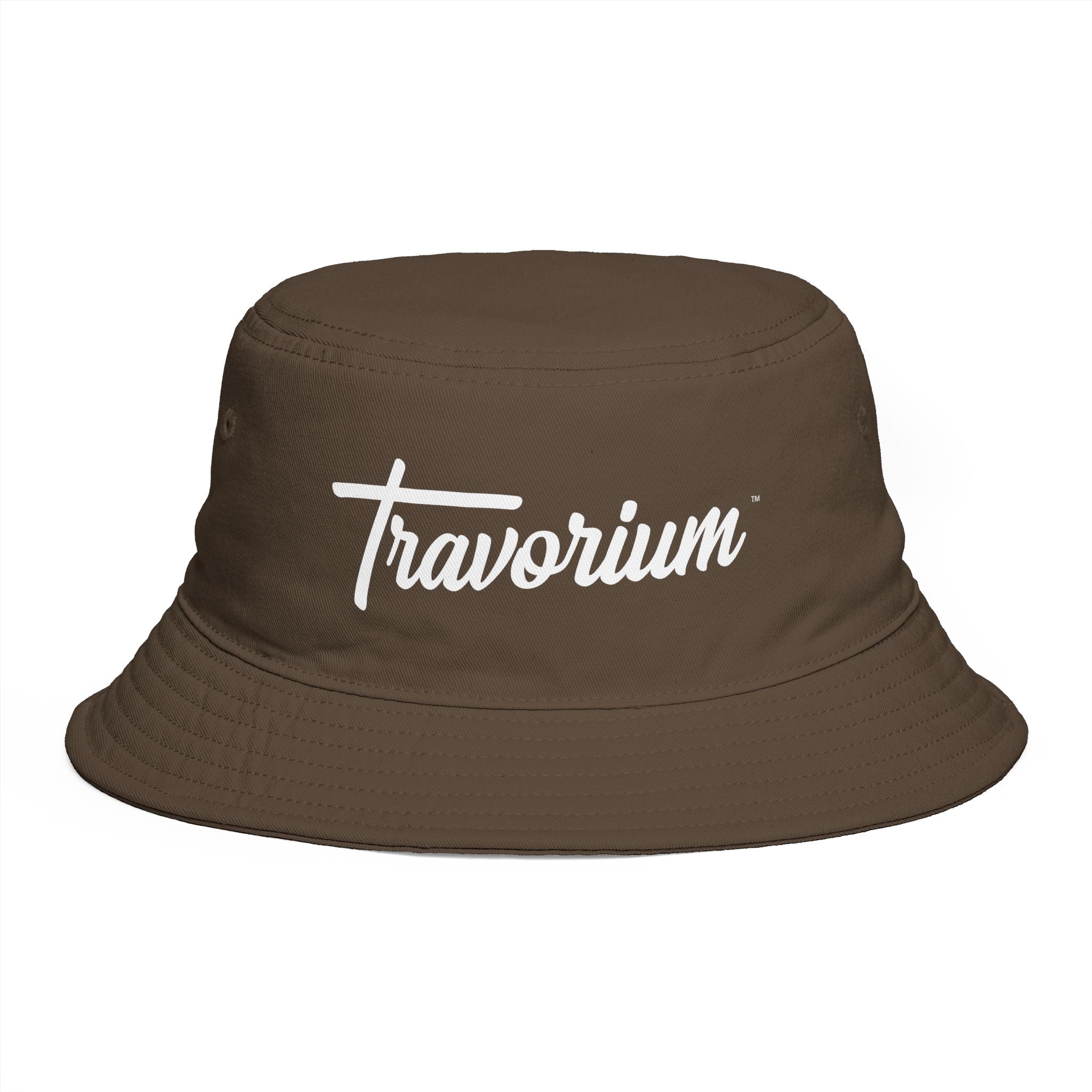 Travorium Script Brown Bucket Hat — Casual Travel & Streetwear Cap