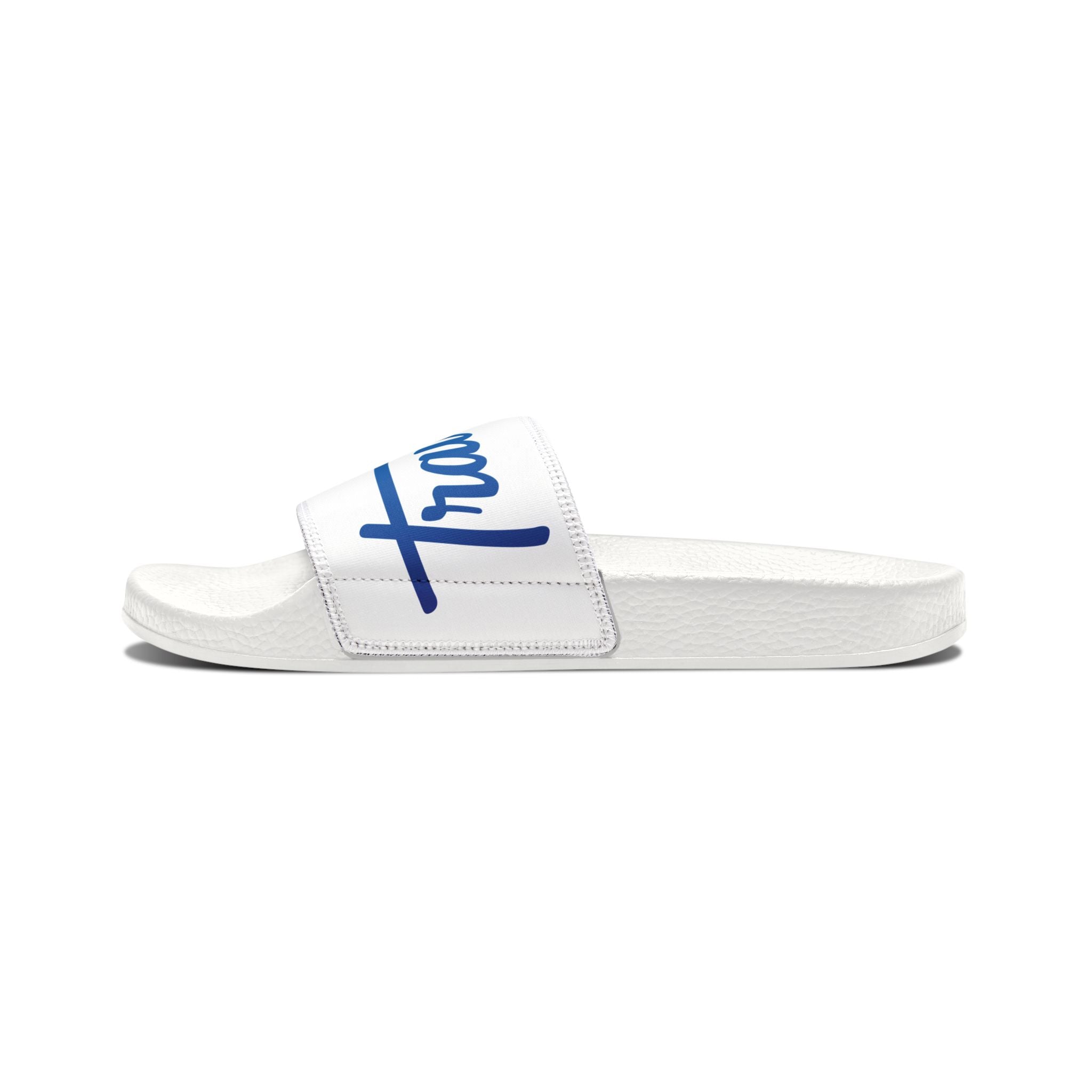 Youth Slide Sandals — Custom Removable Strap Slides (White, Script Logo)