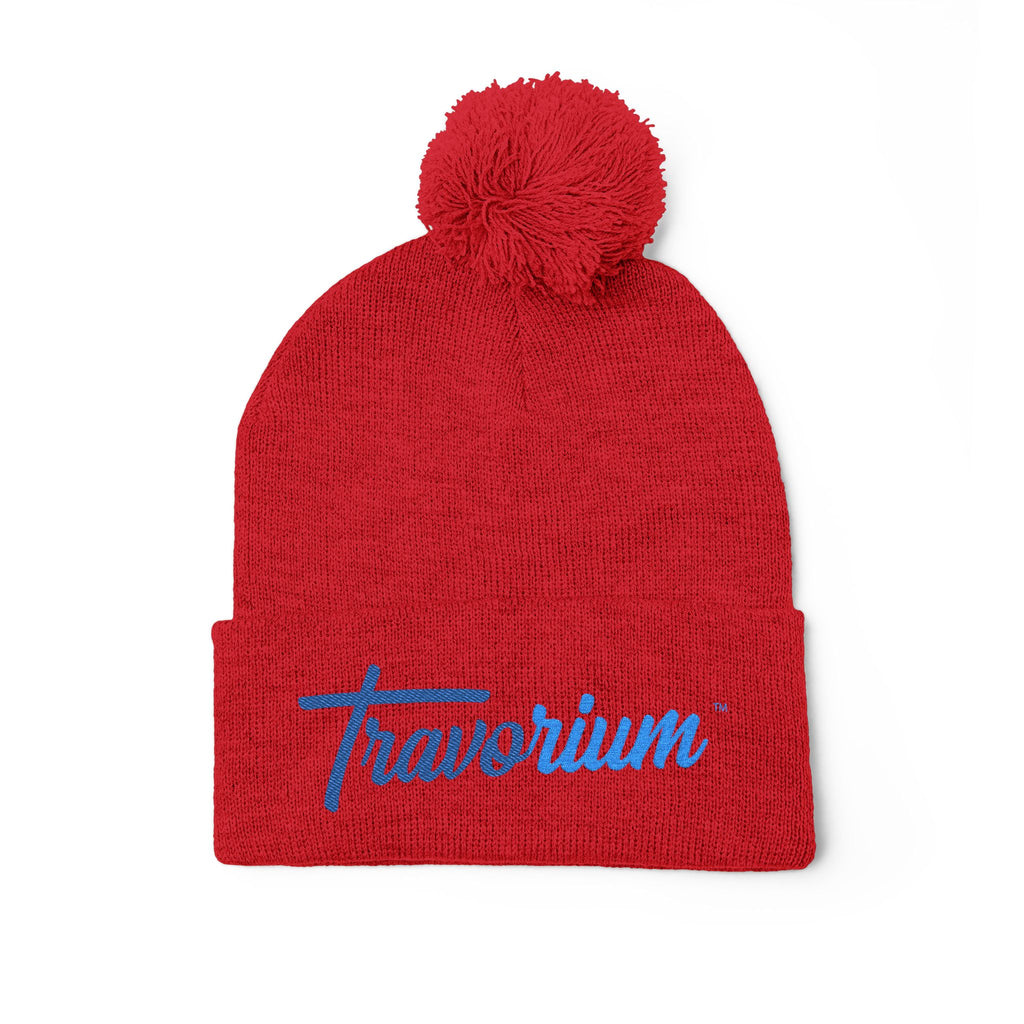 Pom-Pom Knit Cap — Embroidered 'Travorium' Winter Beanie