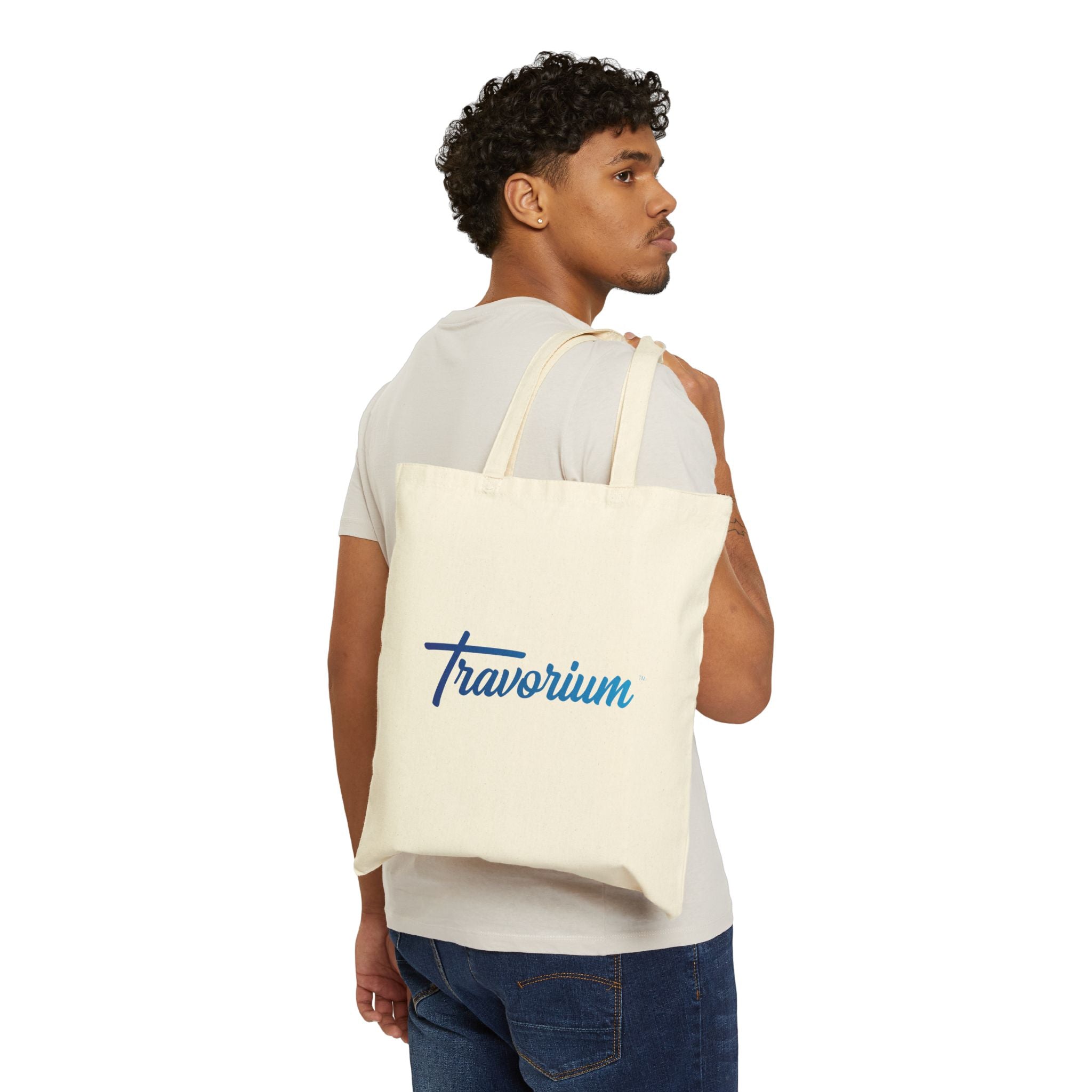 Canvas Tote Bag — Minimal Blue 'Travorium' Script Logo
