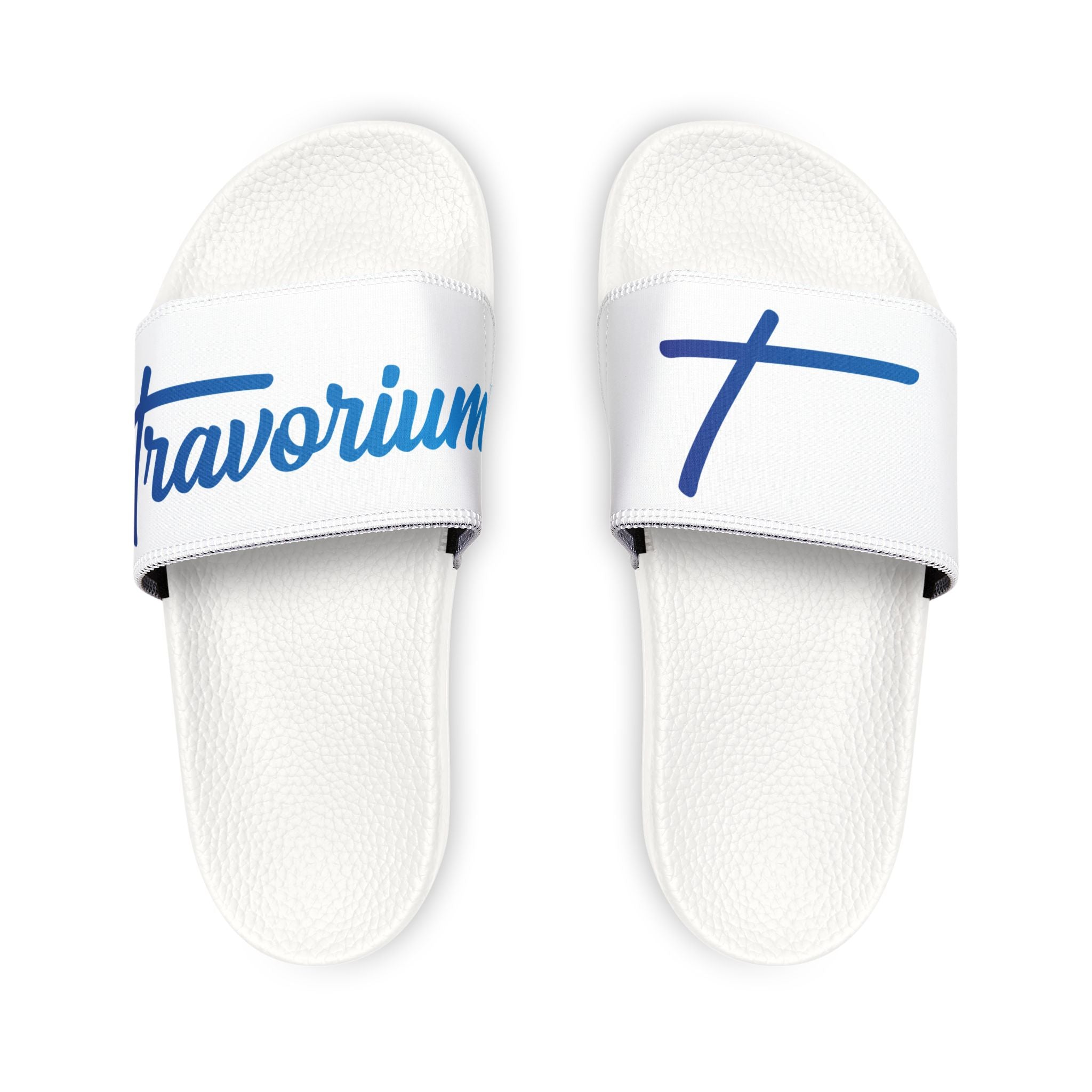Youth Slide Sandals — Custom Removable Strap Slides (White, Script Logo)