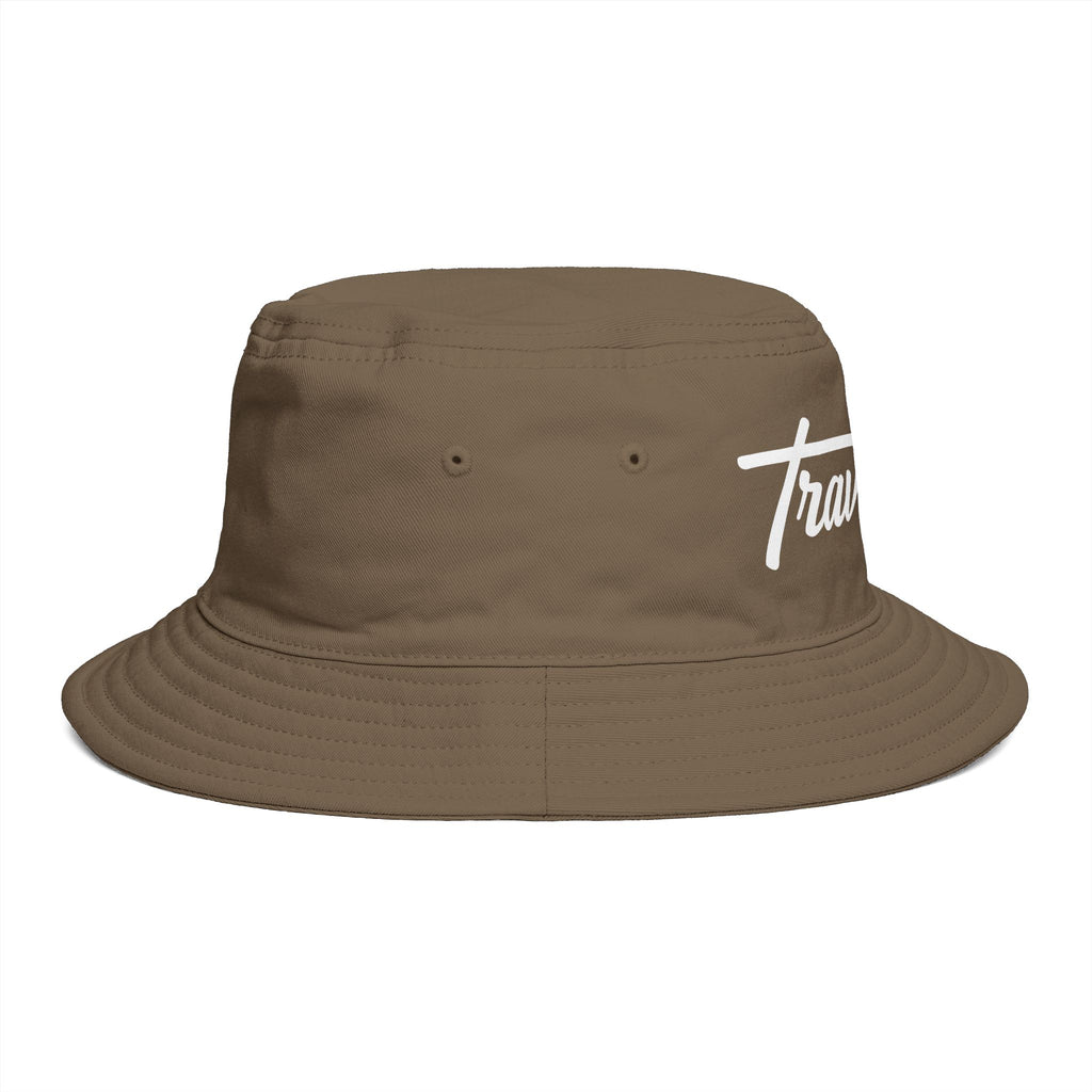 Travorium Script Brown Bucket Hat — Casual Travel & Streetwear Cap