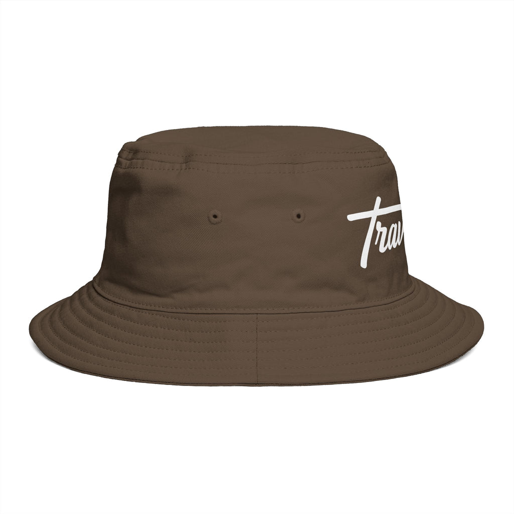 Travorium Script Brown Bucket Hat — Casual Travel & Streetwear Cap