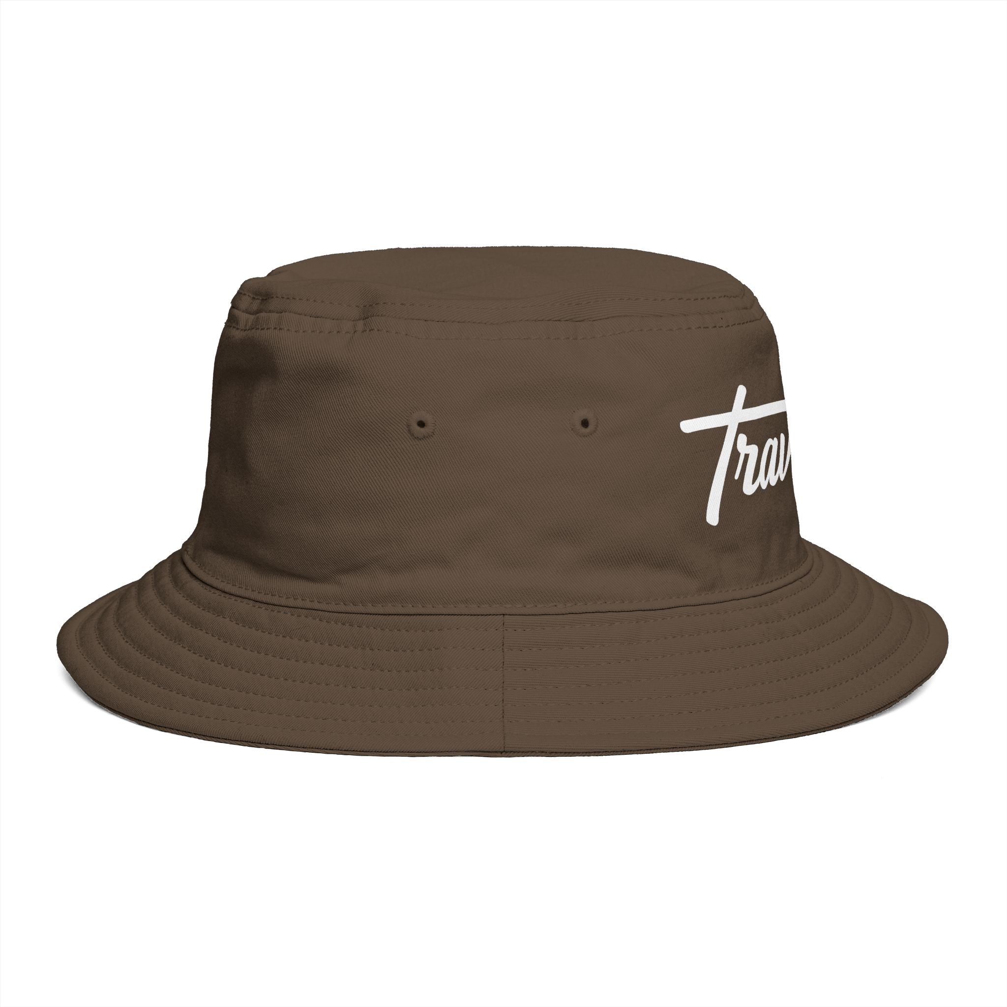Travorium Script Brown Bucket Hat — Casual Travel & Streetwear Cap