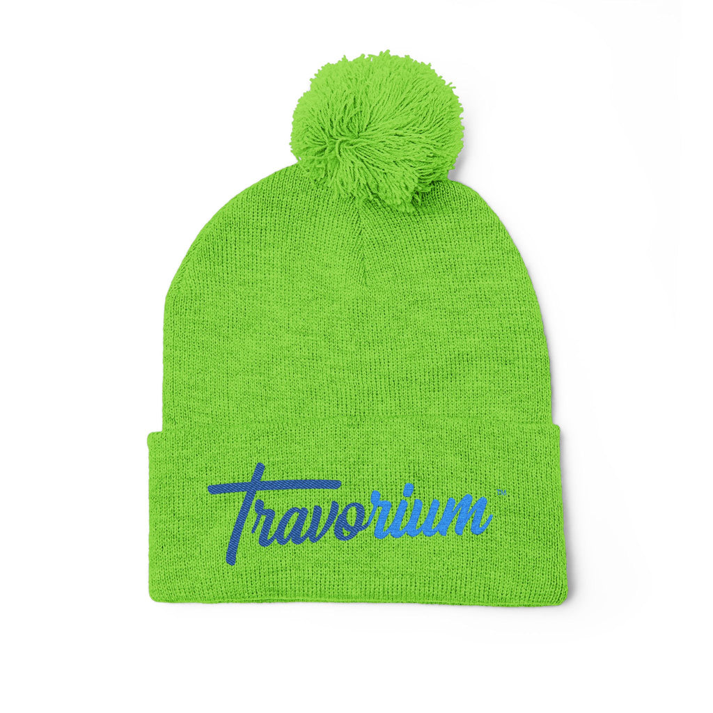 Pom-Pom Knit Cap — Embroidered 'Travorium' Winter Beanie