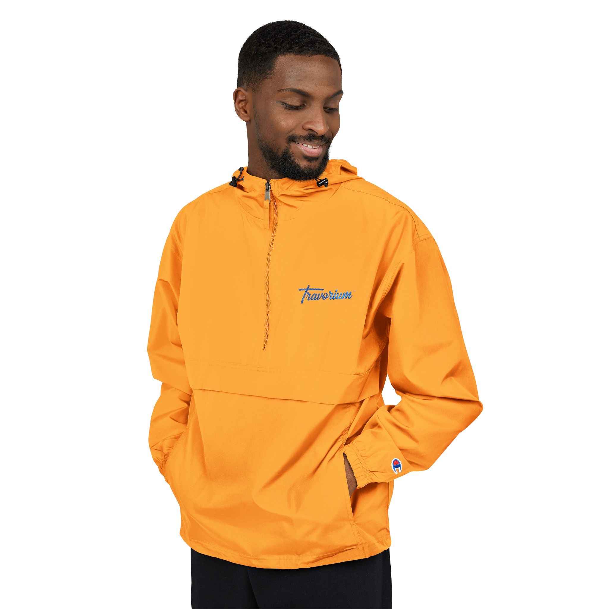 Packable Anorak Jacket — Lightweight Orange Windbreaker with Subtle Script Logo
