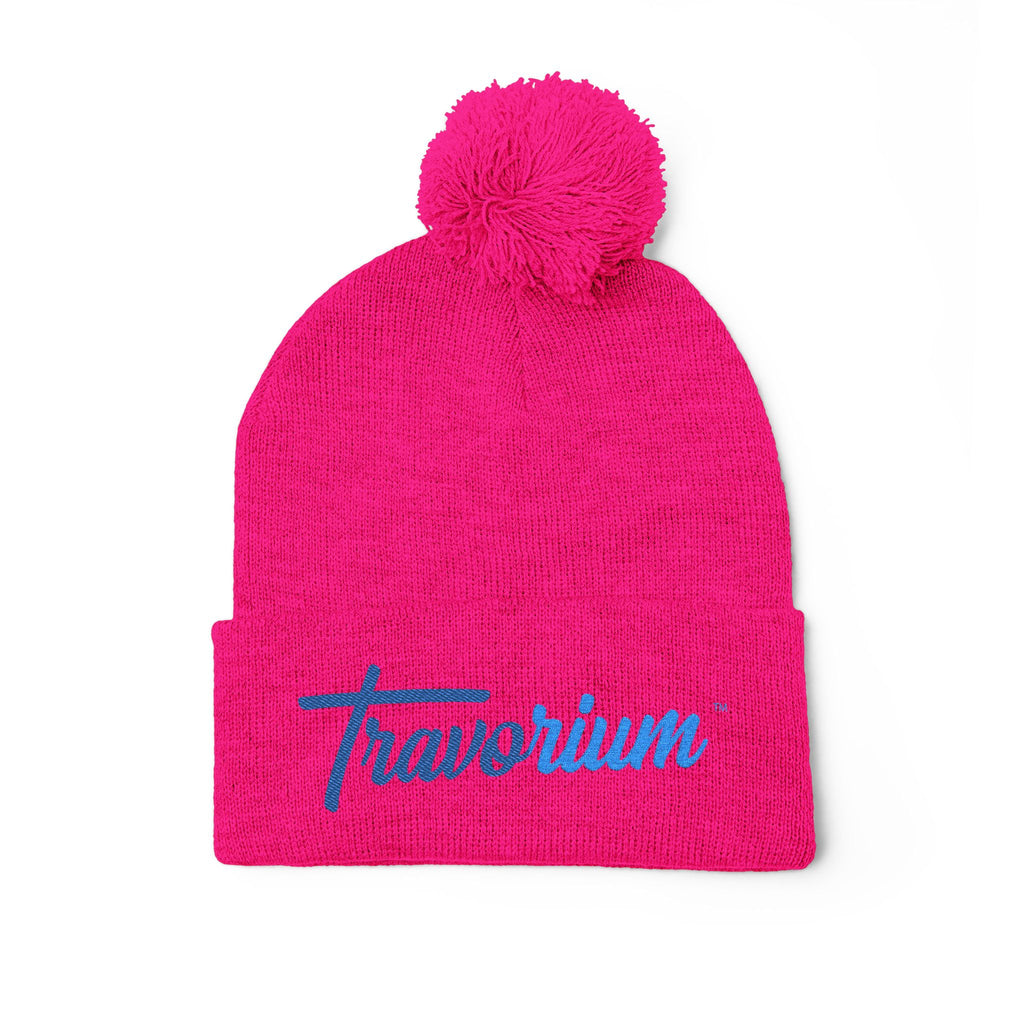 Pom-Pom Knit Cap — Embroidered 'Travorium' Winter Beanie