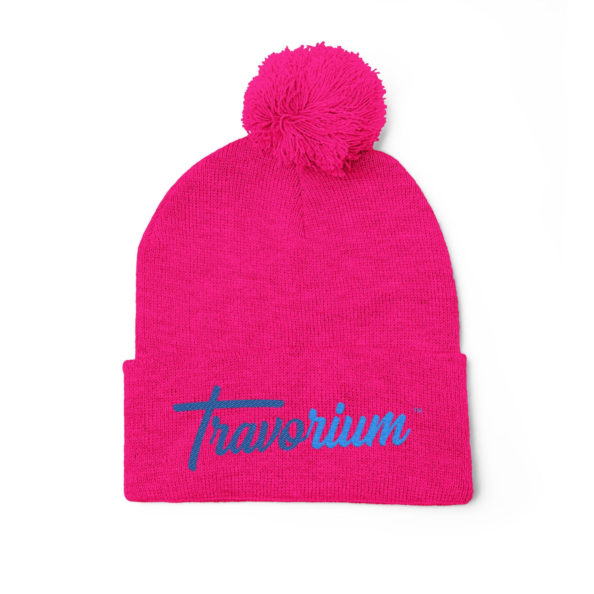 Pom-Pom Knit Cap — Embroidered 'Travorium' Winter Beanie