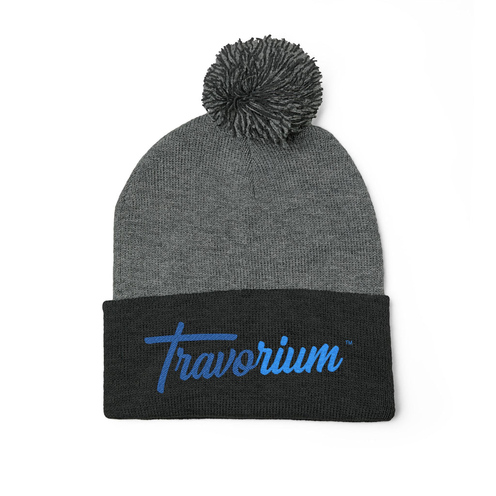 Pom-Pom Knit Cap — Embroidered 'Travorium' Winter Beanie