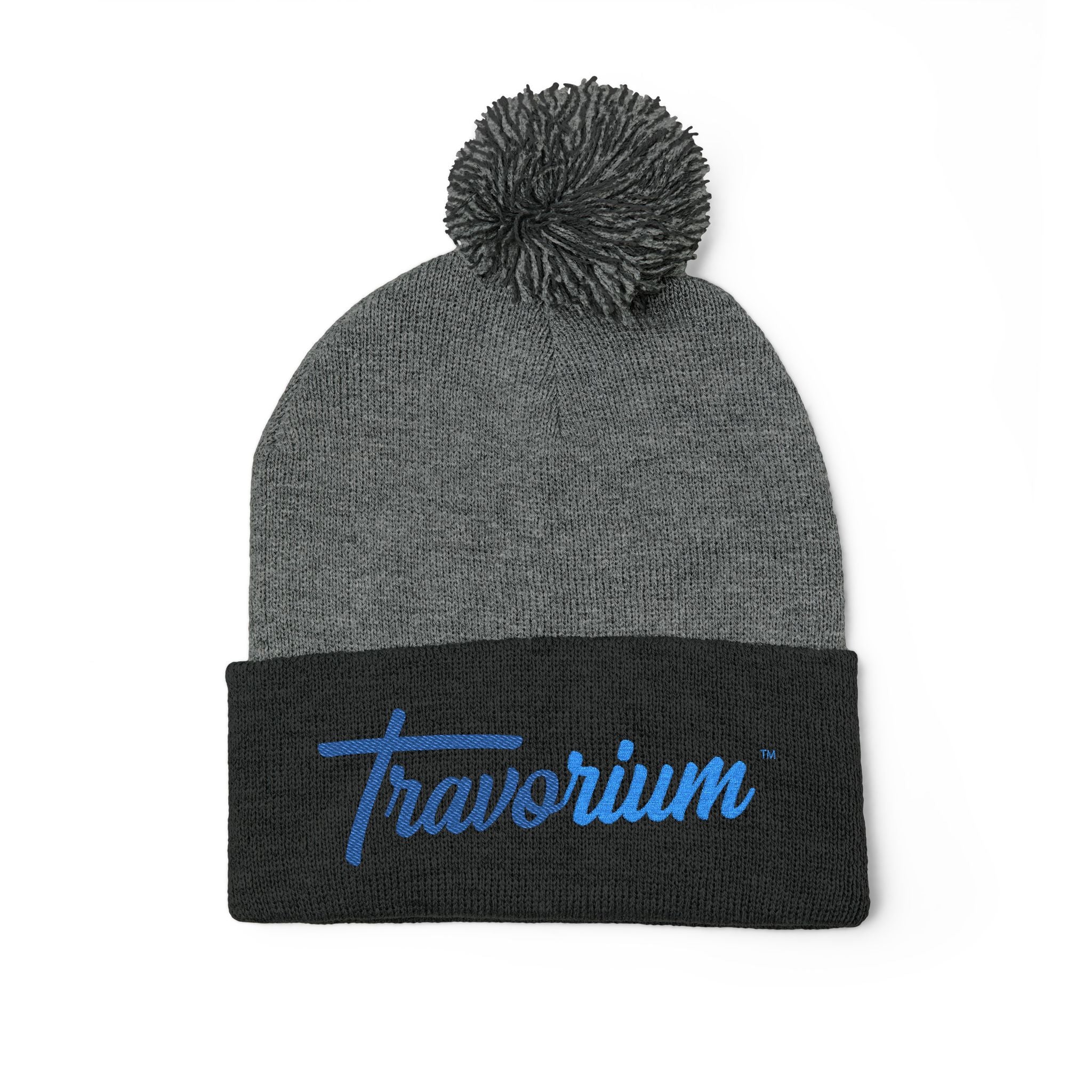 Pom-Pom Knit Cap — Embroidered 'Travorium' Winter Beanie
