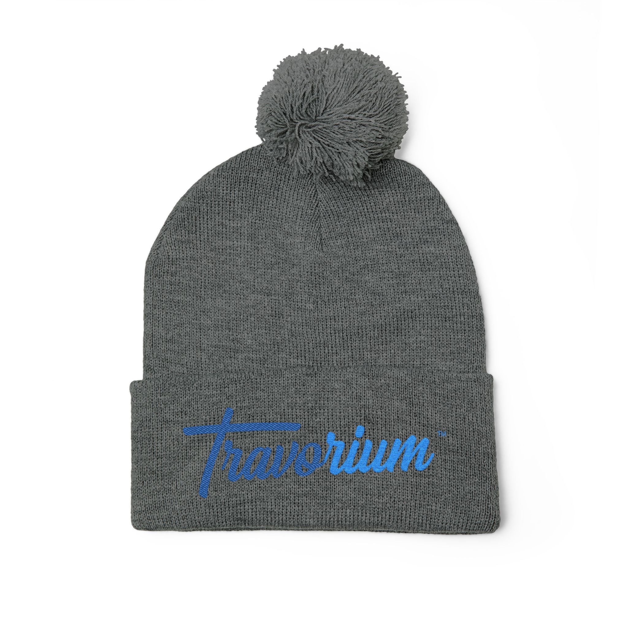 Pom-Pom Knit Cap — Embroidered 'Travorium' Winter Beanie
