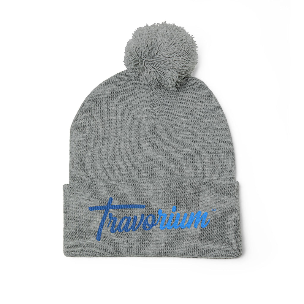 Pom-Pom Knit Cap — Embroidered 'Travorium' Winter Beanie