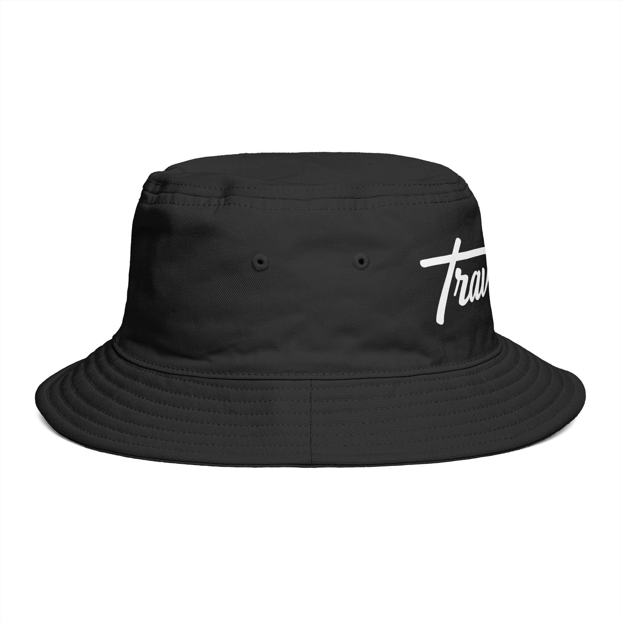Travorium Script Brown Bucket Hat — Casual Travel & Streetwear Cap