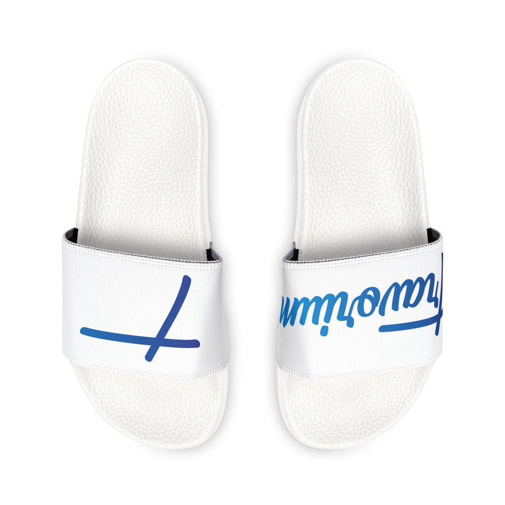 Youth Slide Sandals — Custom Removable Strap Slides (White, Script Logo)